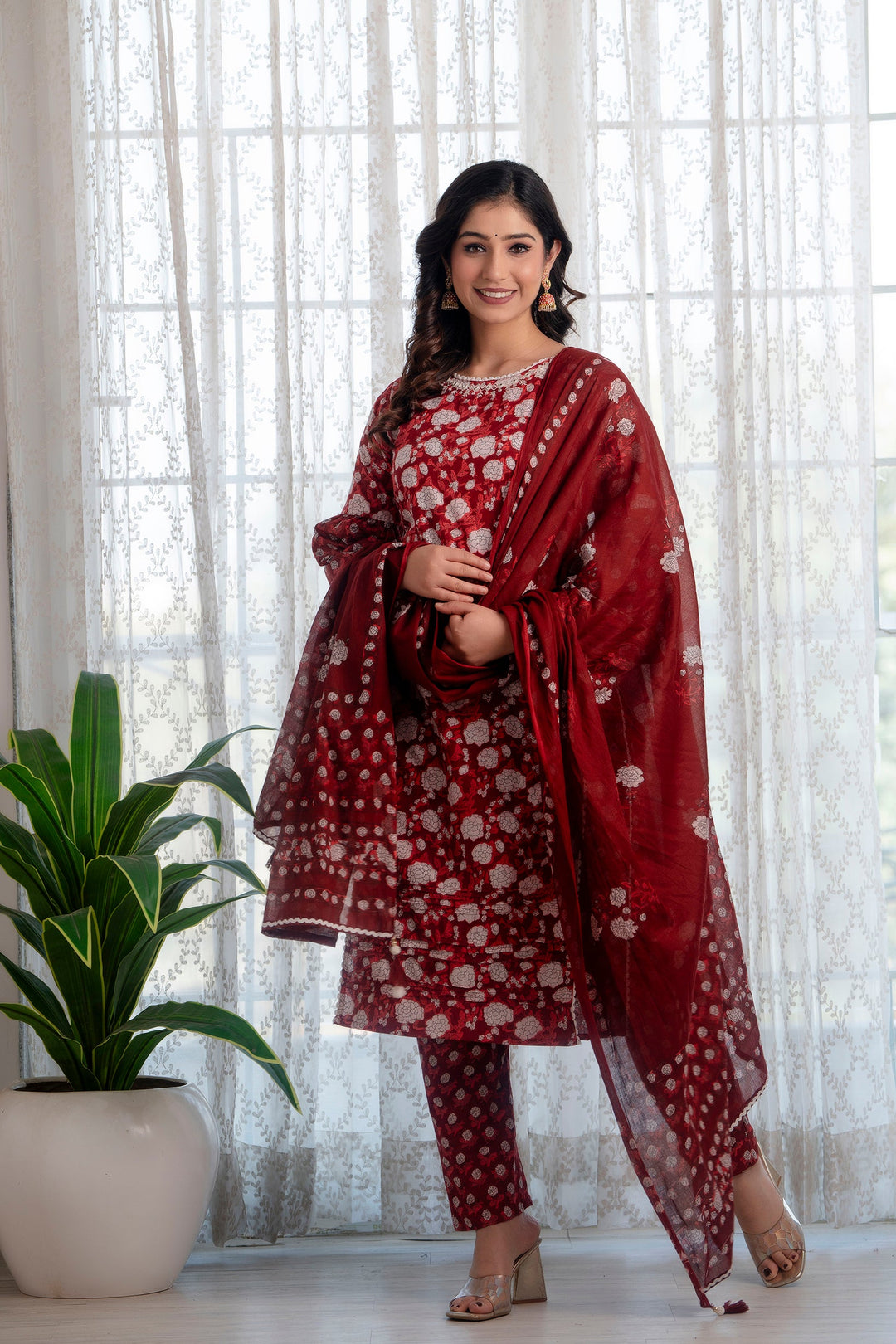 Maroon-Cotton-Floral-Printed-3-Piece-Kurta-Set