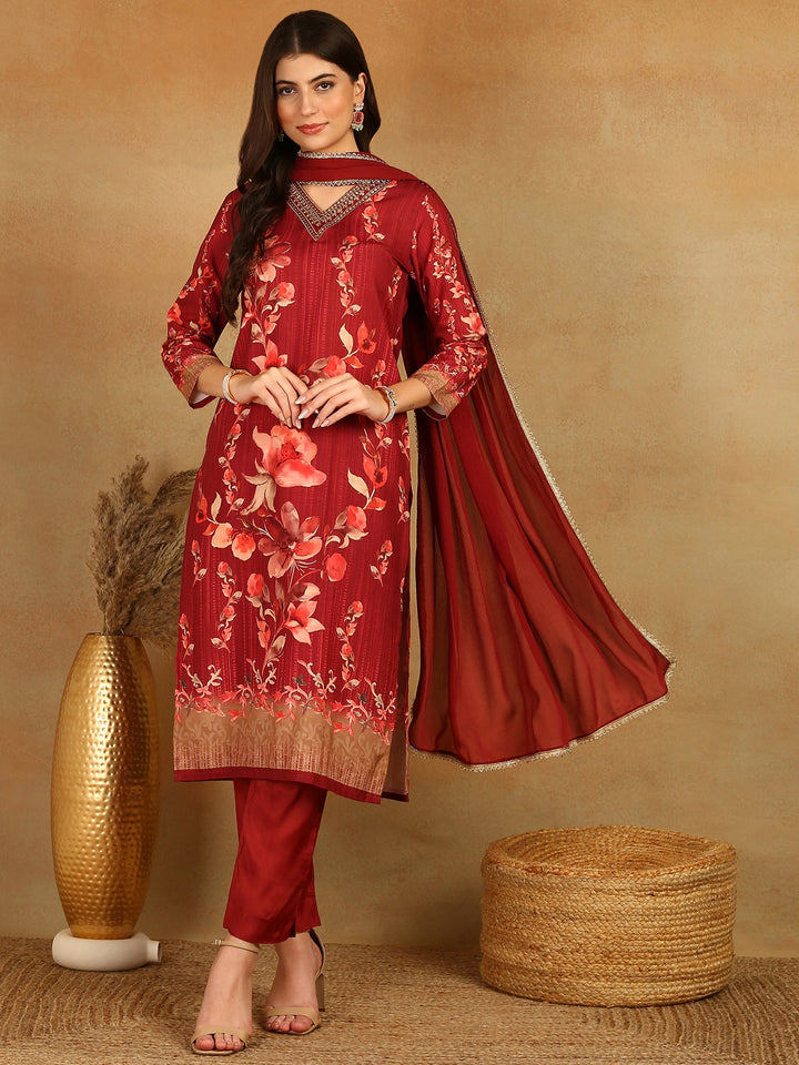ZERESOUQ-Maroon-Rayon-Blend-Floral-Printed-3-Piece-Kurta-Set