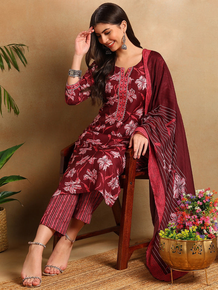 ZERESOUQ-Maroon-Rayon-Floral-Print-Straight-3-Piece-Kurta-Set