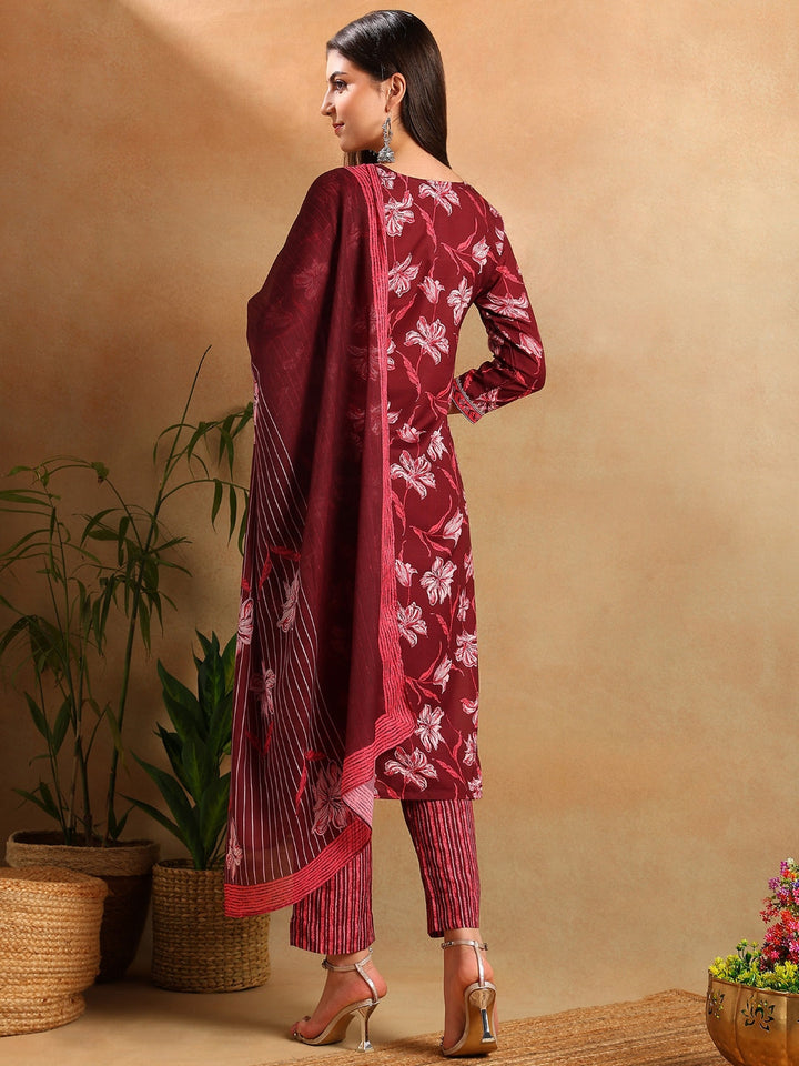 ZERESOUQ-Maroon-Rayon-Floral-Print-Straight-3-Piece-Kurta-Set