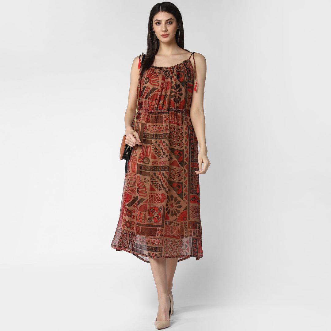 Maroon-&-Brown-Polyester-Chiffon-Tieup-Dress