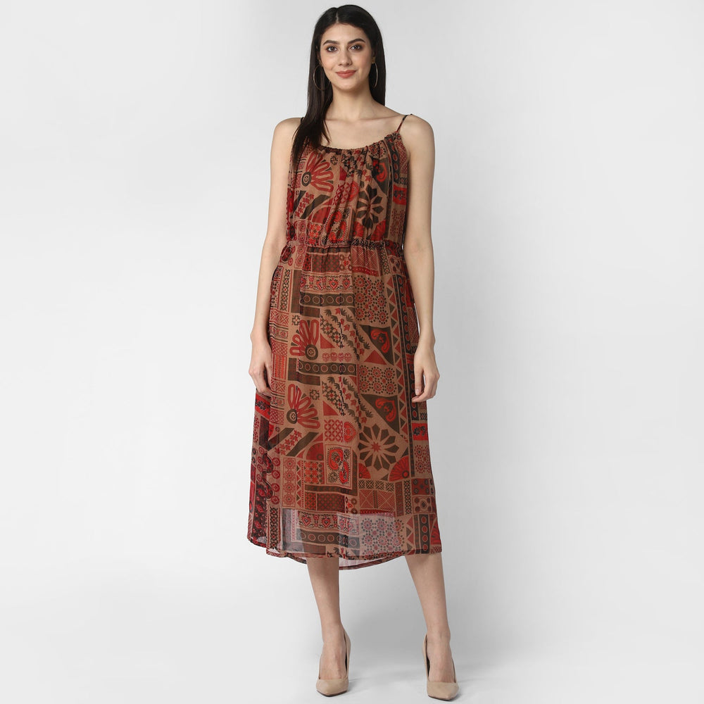 Maroon-&-Brown-Polyester-Chiffon-Tieup-Dress