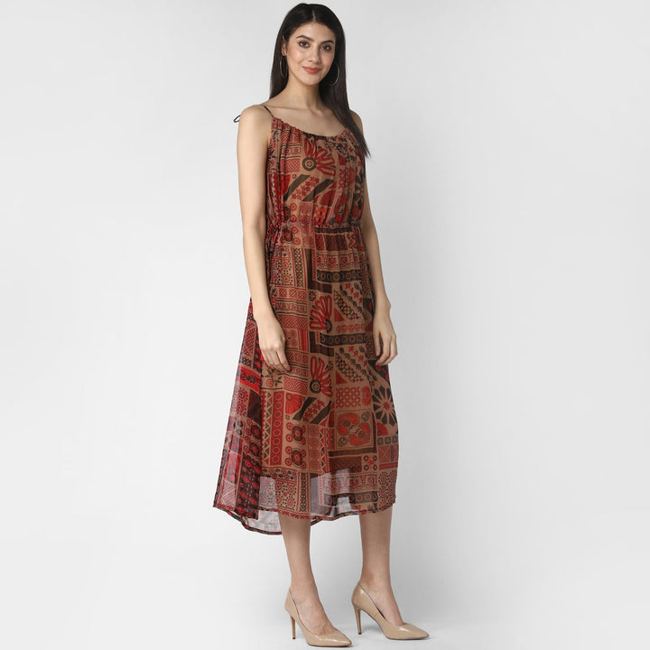 Maroon-&-Brown-Polyester-Chiffon-Tieup-Dress