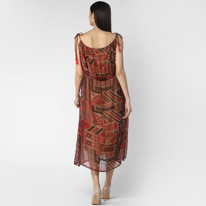 Maroon-&-Brown-Polyester-Chiffon-Tieup-Dress
