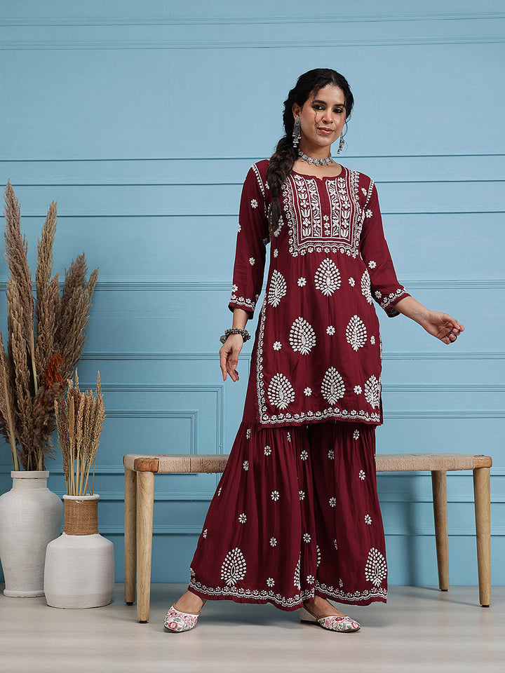 Maroon-Modal-Lucknowi-Chikankari-Sharara-Set-(Set-Of-2)