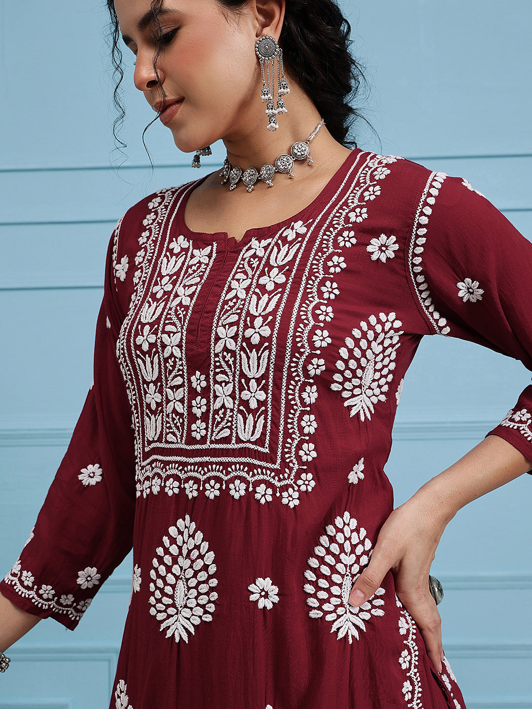 Maroon-Modal-Lucknowi-Chikankari-Sharara-Set-(Set-Of-2)