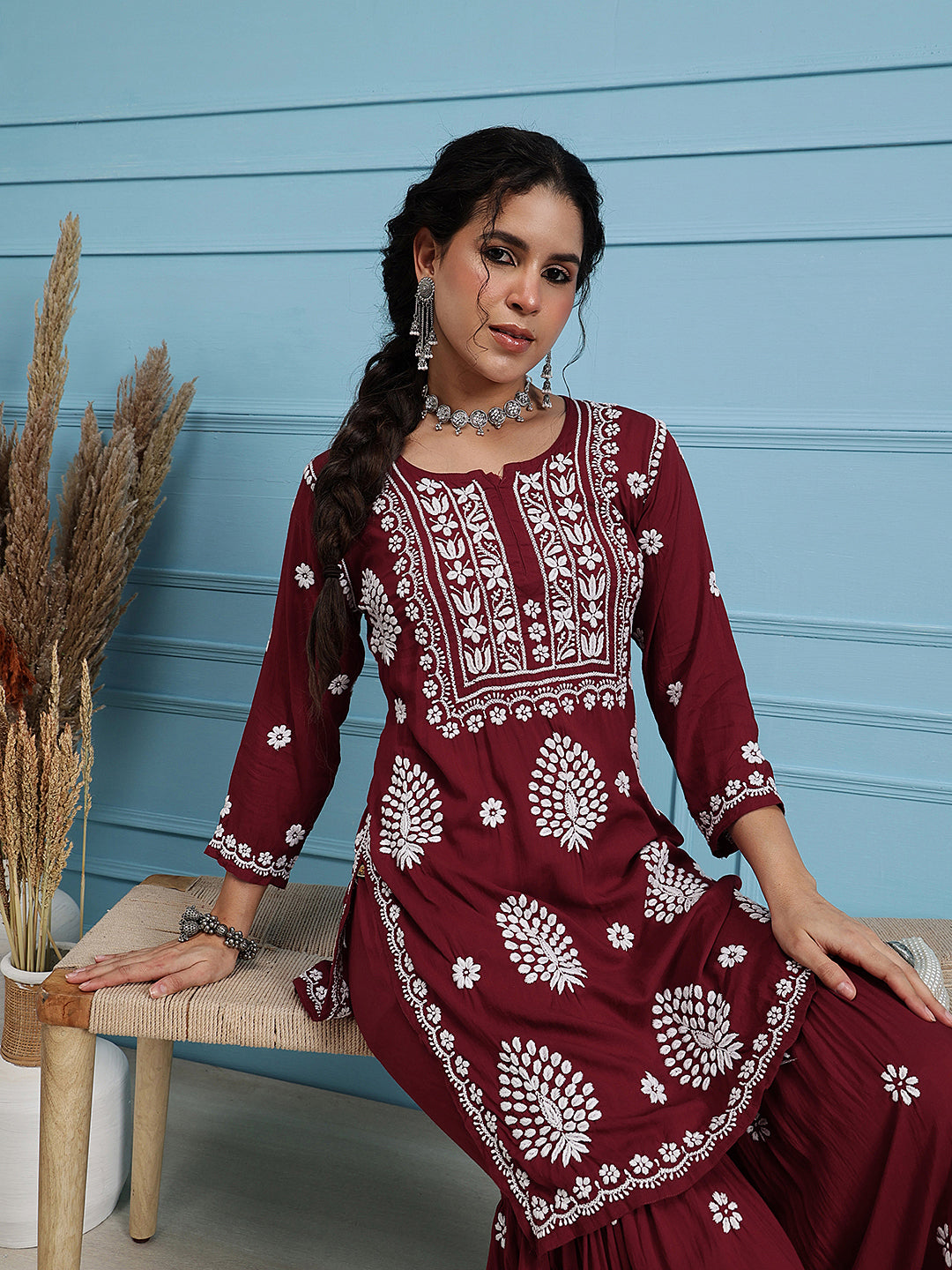 Maroon-Modal-Lucknowi-Chikankari-Sharara-Set-(Set-Of-2)