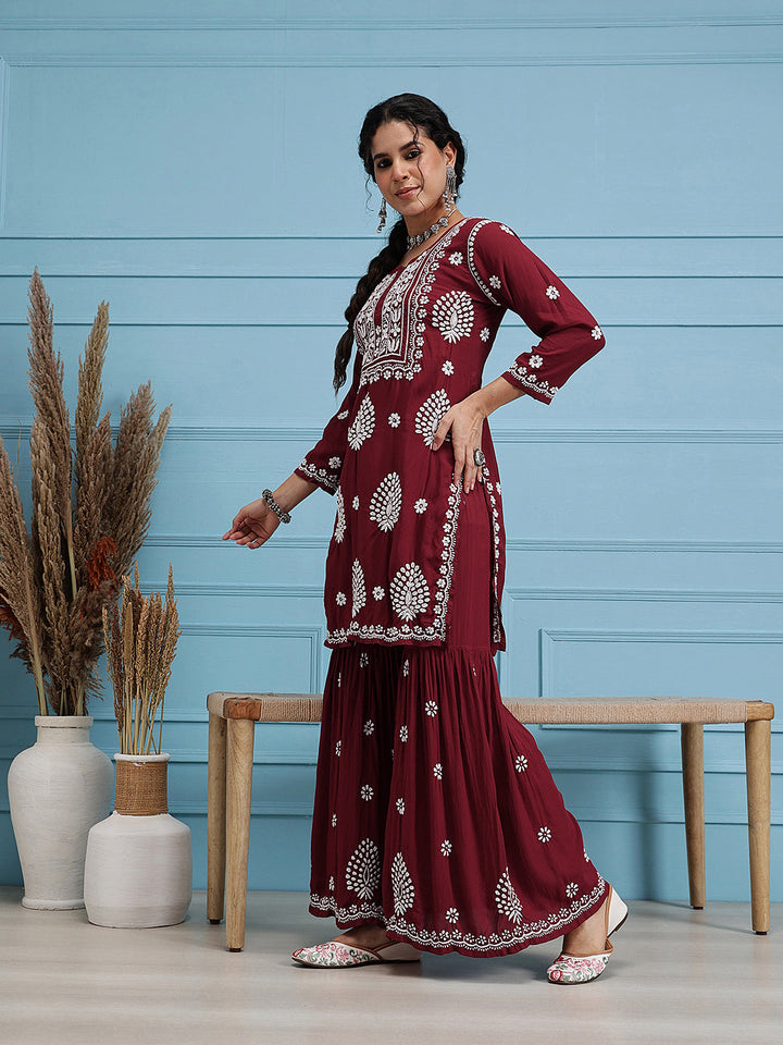 Maroon-Modal-Lucknowi-Chikankari-Sharara-Set-(Set-Of-2)