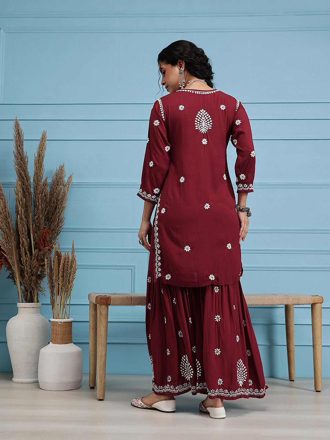 Maroon-Modal-Lucknowi-Chikankari-Sharara-Set-(Set-Of-2)