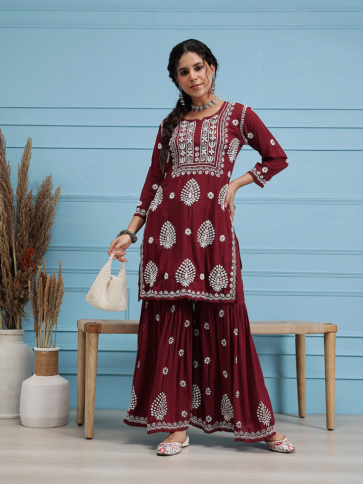 Maroon-Modal-Lucknowi-Chikankari-Sharara-Set-(Set-Of-2)