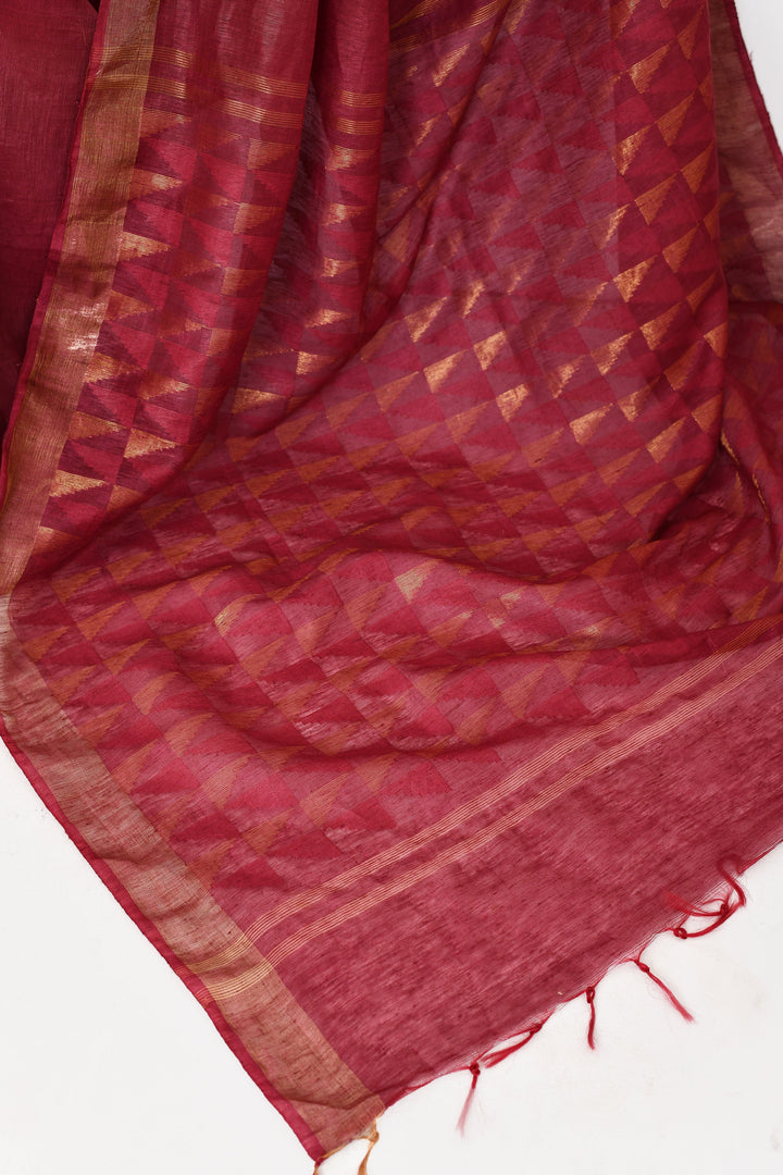 Maroon-Tussar-Linen-Handloom-Saree-With-Woven-Zari-Pallu