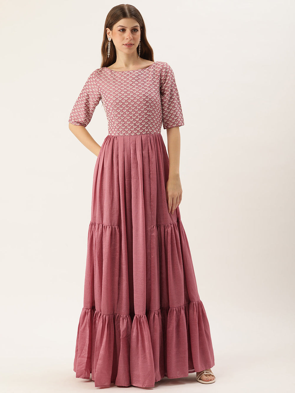 Mauve-Art-Silk-Elbow-Sleeve-Embroidered-Tiered-Gown