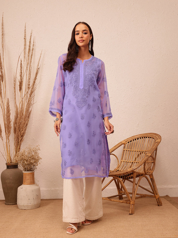 Mauve Semi-Sheer Handloom Chikankari Kurta With Slip