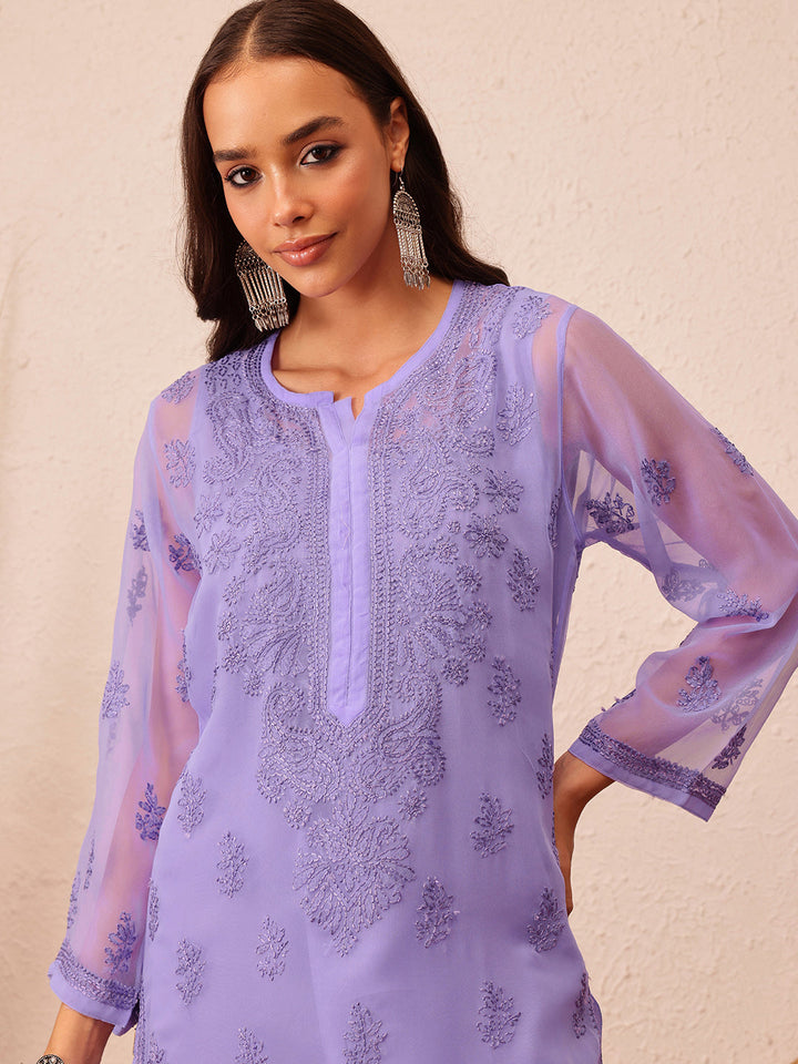 Mauve Semi-Sheer Handloom Chikankari Kurta With Slip