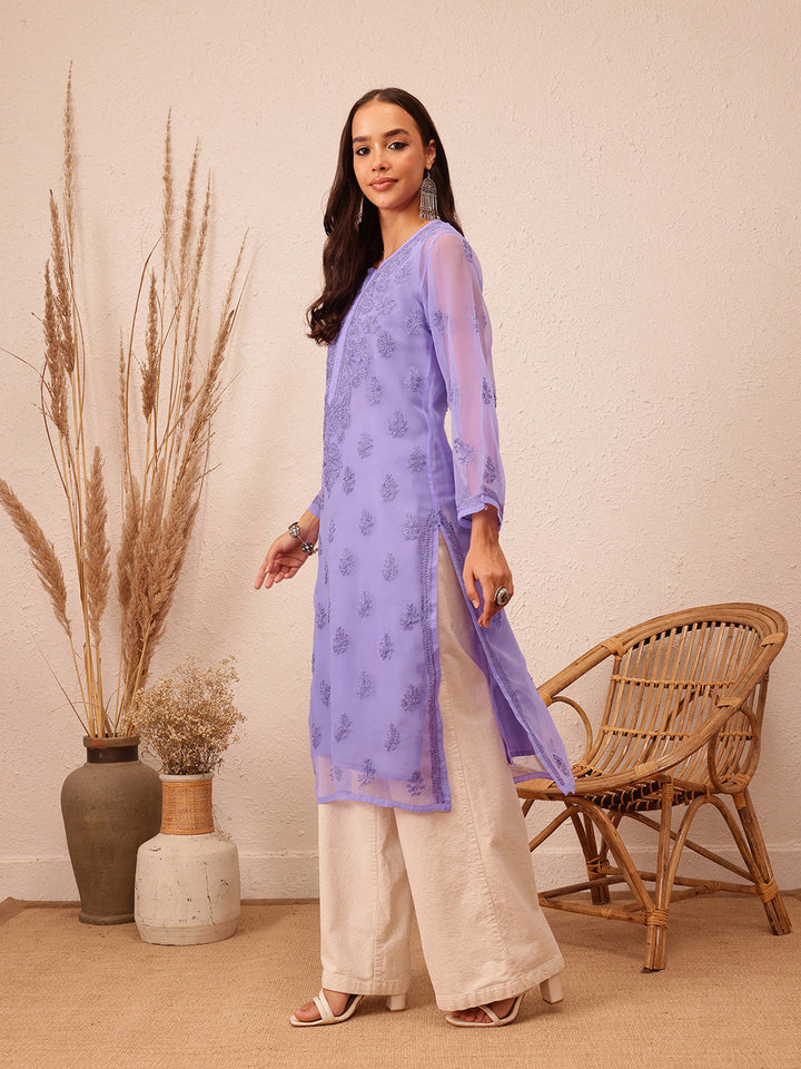 Mauve Semi-Sheer Handloom Chikankari Kurta With Slip