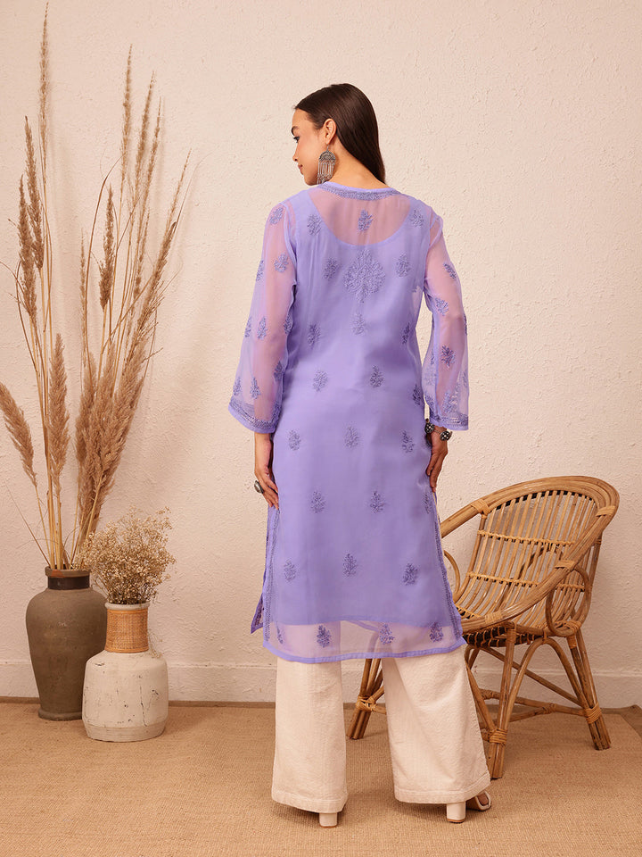 Mauve Semi-Sheer Handloom Chikankari Kurta With Slip