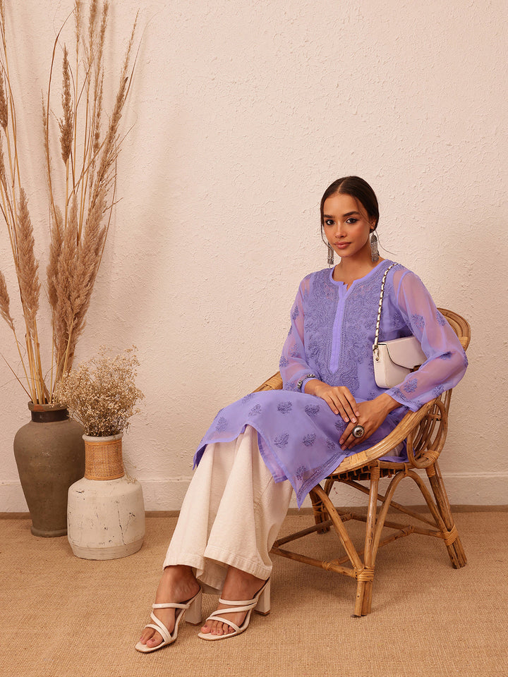 Mauve Semi-Sheer Handloom Chikankari Kurta With Slip