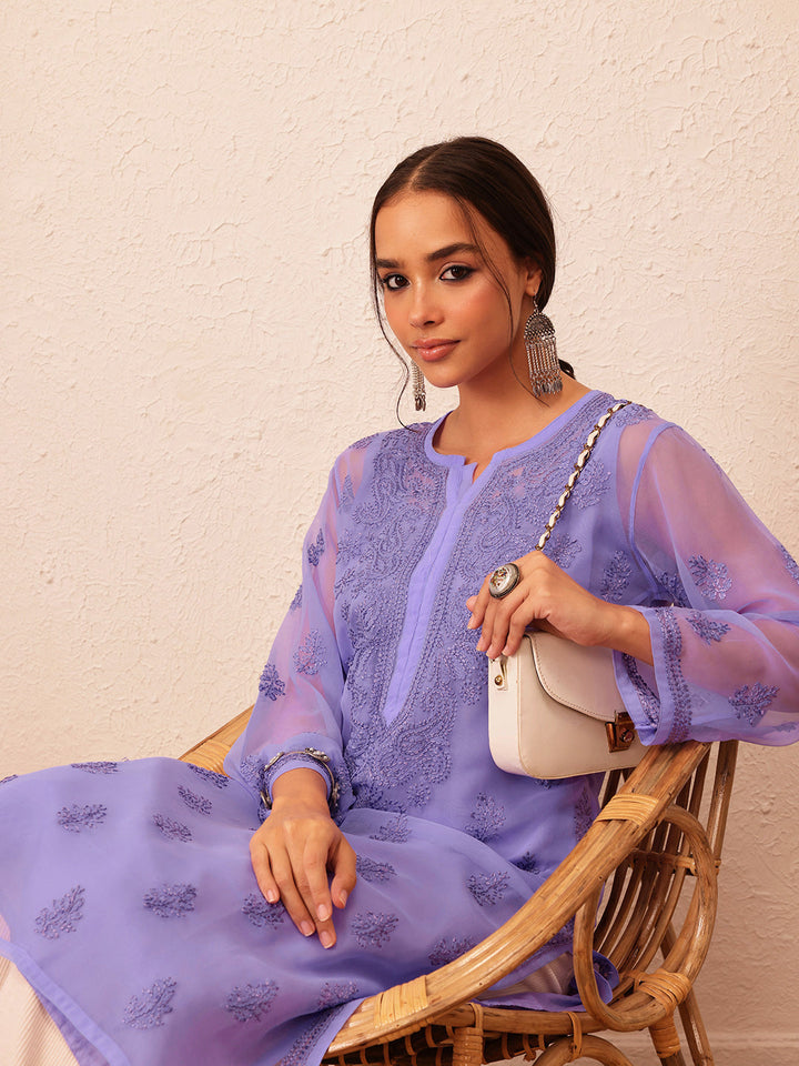 Mauve Semi-Sheer Handloom Chikankari Kurta With Slip