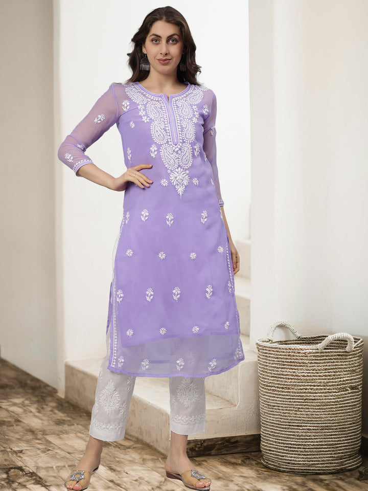 Mauve-Georgette-Embroidered-Chikankari-Kurta-With-Slip