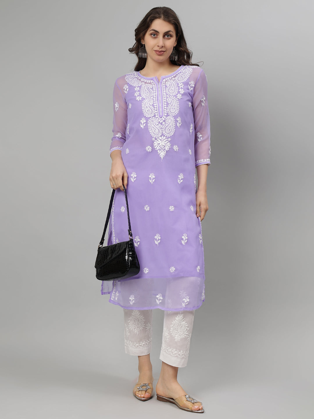 Mauve-Georgette-Embroidered-Chikankari-Kurta-With-Slip