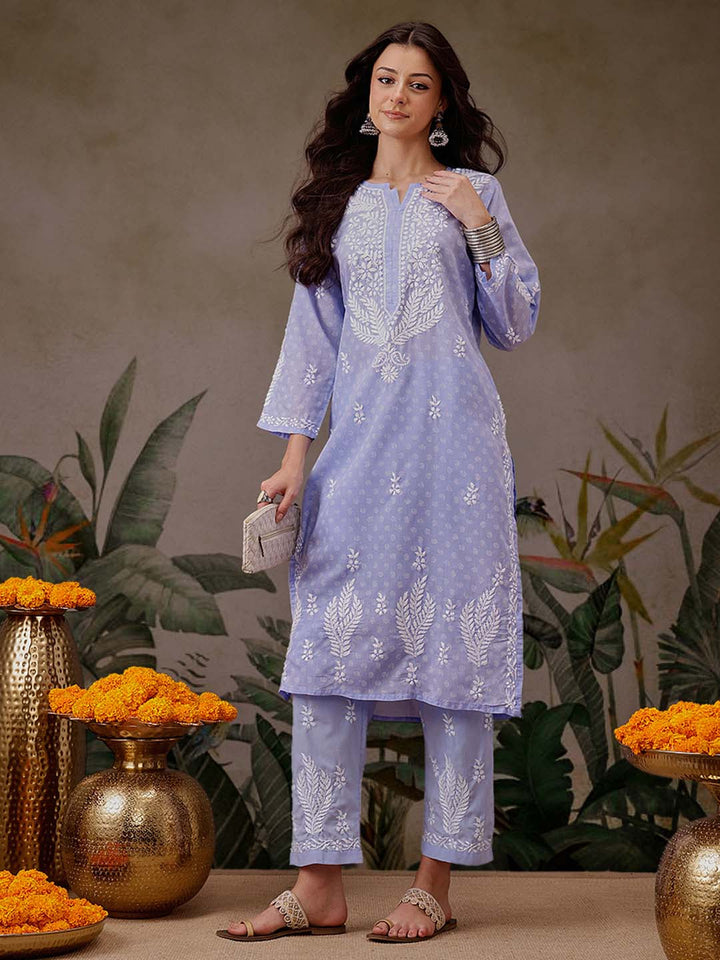 Mauve-&-White-Cotton-Lucknowi-Chikankari-2-Piece-Kurta-Set