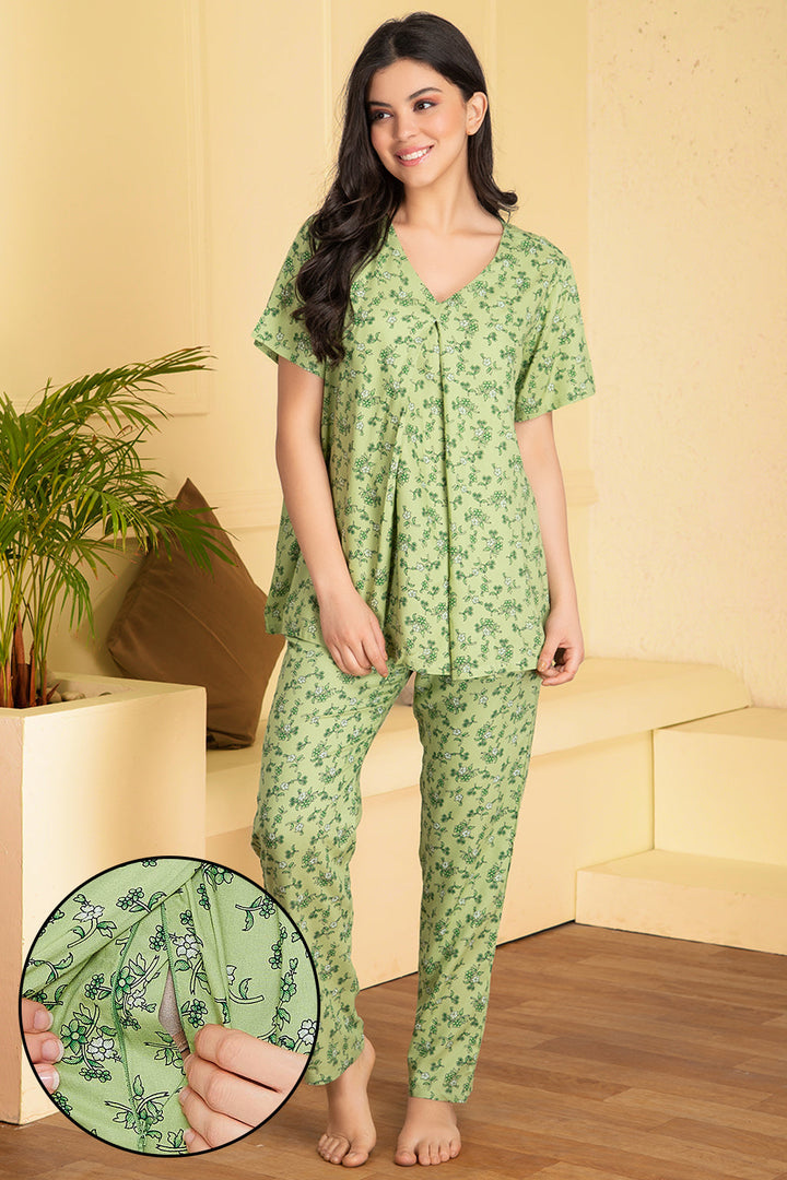 Mint-Green-Rayon-Feeding-Pretty-Florals-Top-&-Pyjama