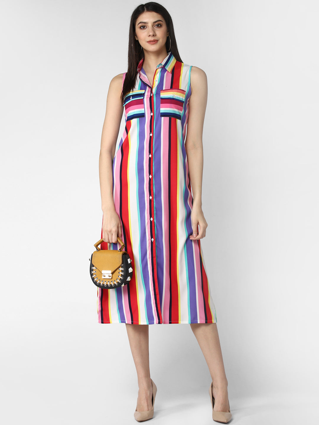 Multi-Color-Poly-Crepe-Stripe-Dress