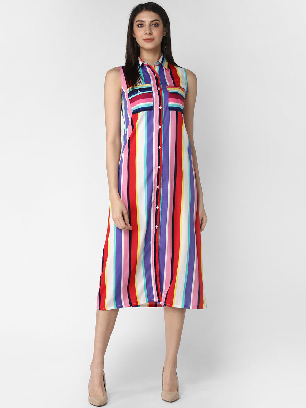 Multi-Color-Poly-Crepe-Stripe-Dress