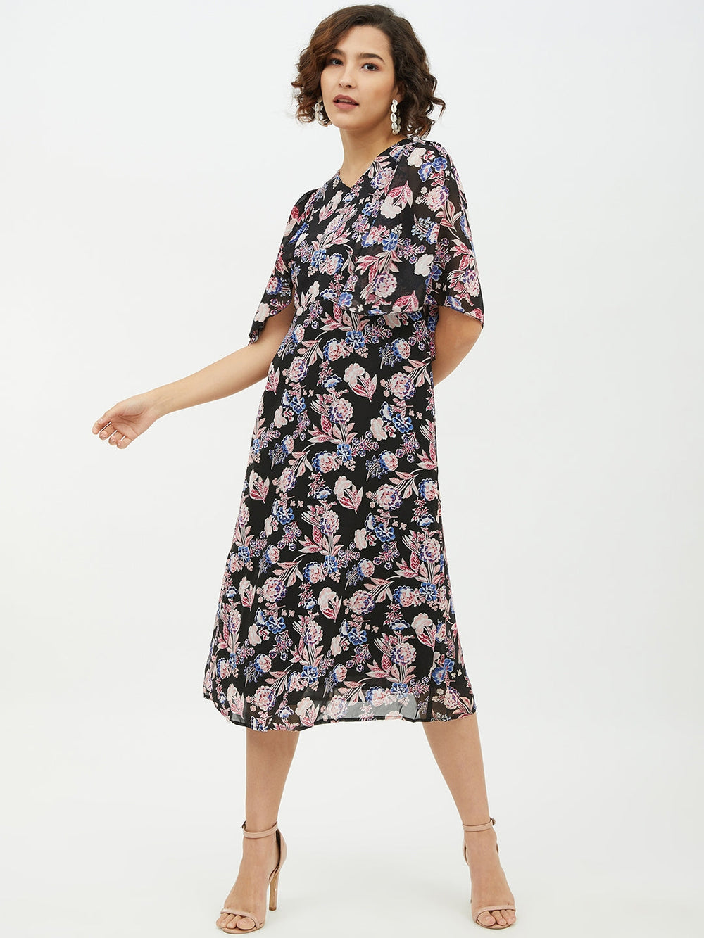 Multi-Color-Poly-Georgette-Floral-Print-Cape-Style-Dress