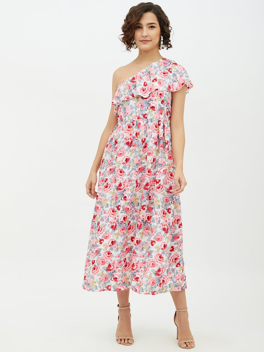 Multi-Color-Polyester-Floral-One-Shoulder-Crepe-Long-Dress