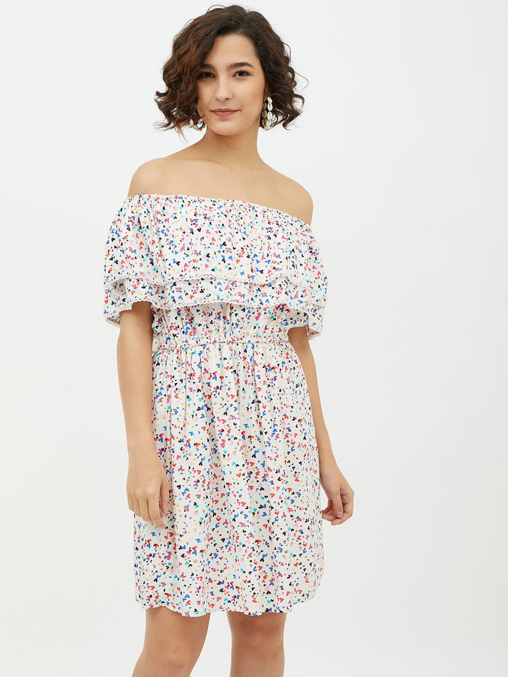Multi-Color-Polyester-Heart-Printed-Off-Shoulder-Dress