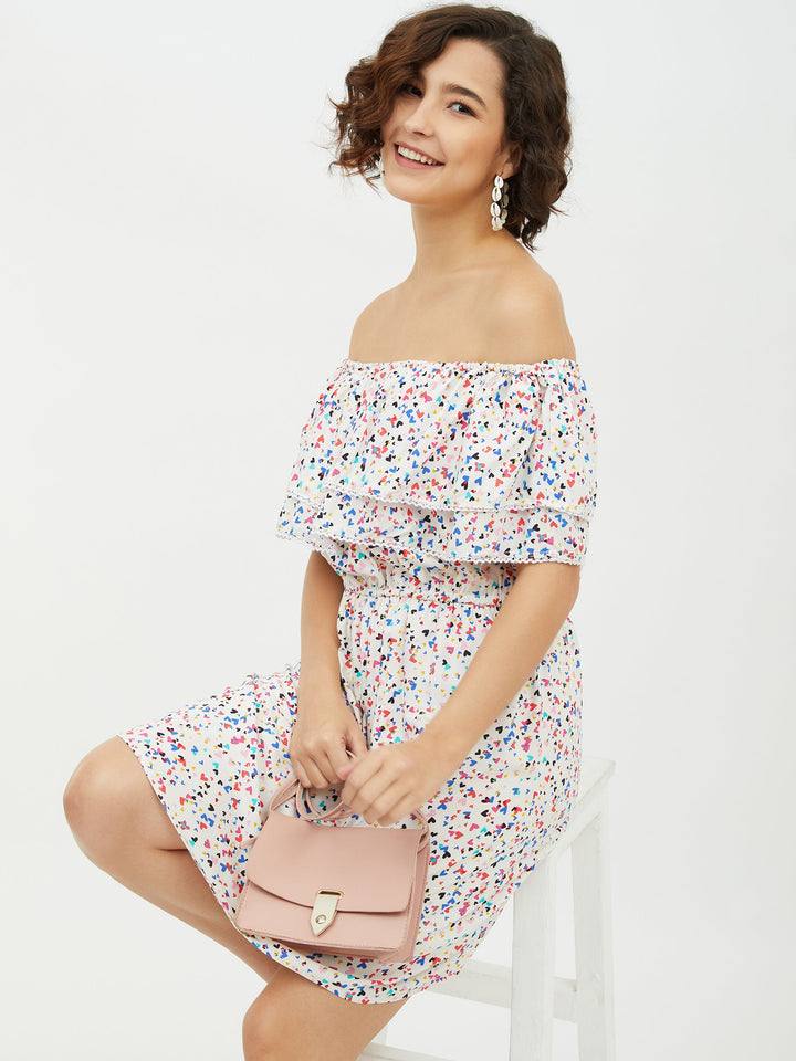 Multi-Color-Polyester-Heart-Printed-Off-Shoulder-Dress