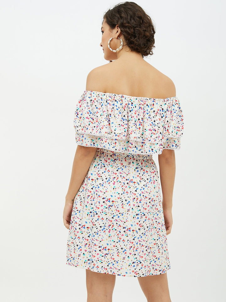 Multi-Color-Polyester-Heart-Printed-Off-Shoulder-Dress