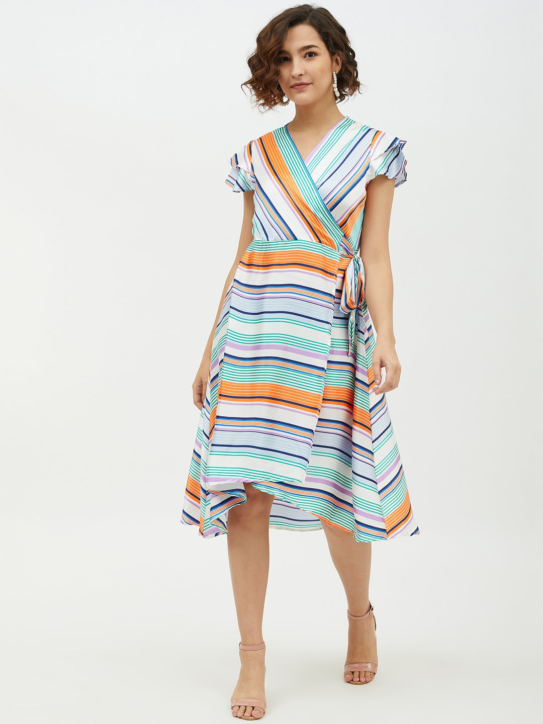 Multi-Color-Polyester-Satin-Striped-Wrap-Dress
