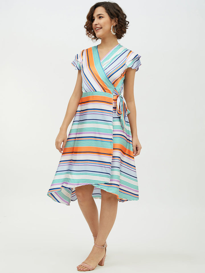 Multi-Color-Polyester-Satin-Striped-Wrap-Dress