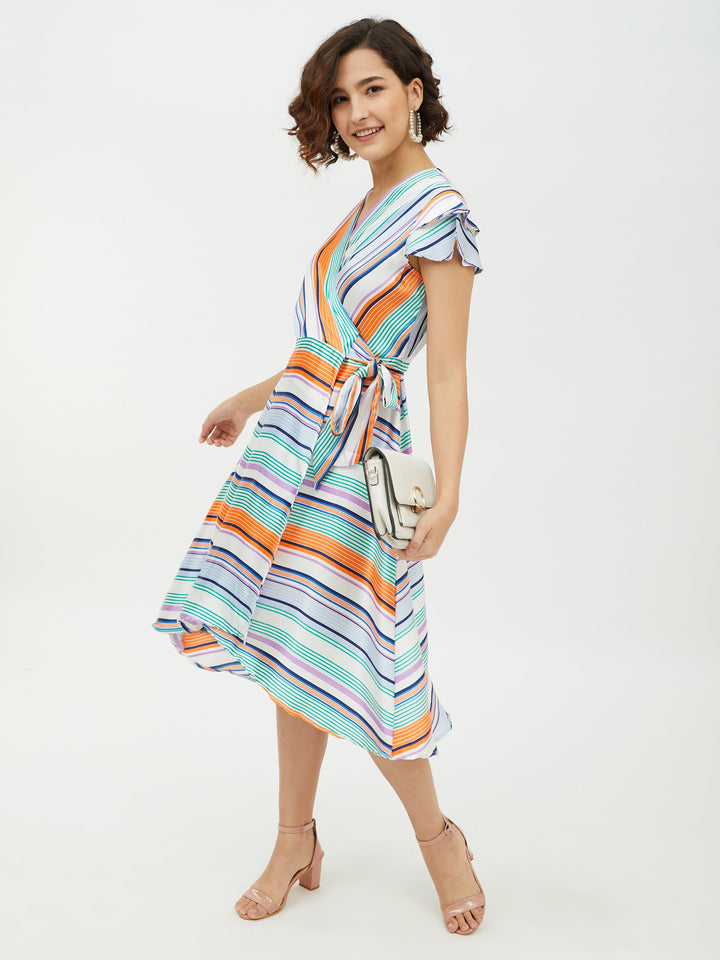 Multi-Color-Polyester-Satin-Striped-Wrap-Dress