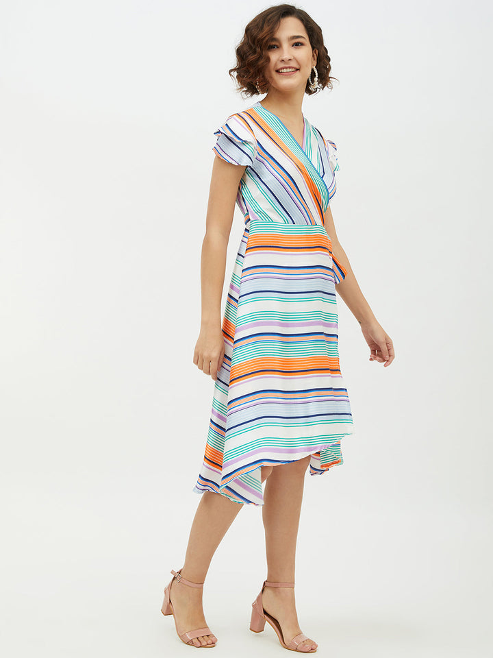 Multi-Color-Polyester-Satin-Striped-Wrap-Dress