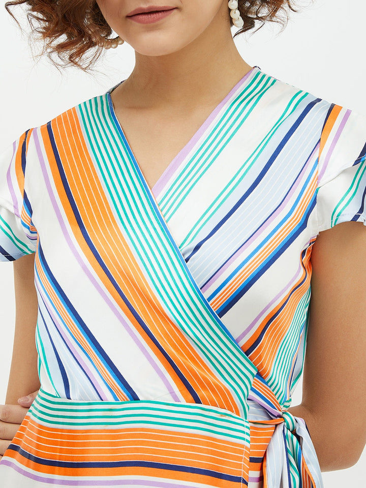 Multi-Color-Polyester-Satin-Striped-Wrap-Dress