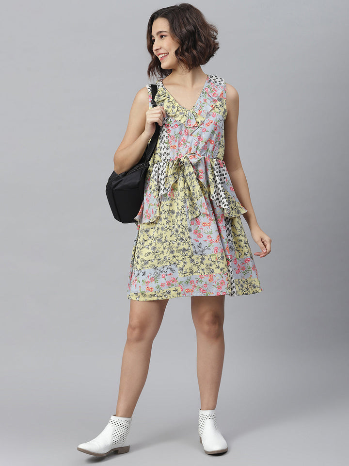 Multi-Color-Polyester-Tile-Print-Dress-With-Peplum-Detail