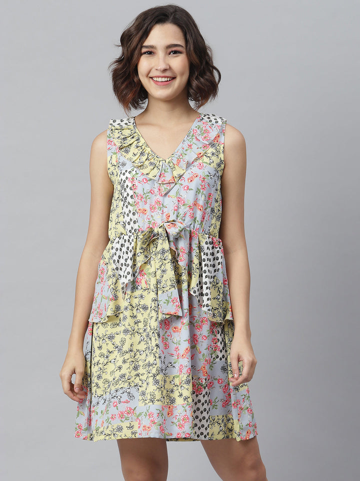 Multi-Color-Polyester-Tile-Print-Dress-With-Peplum-Detail