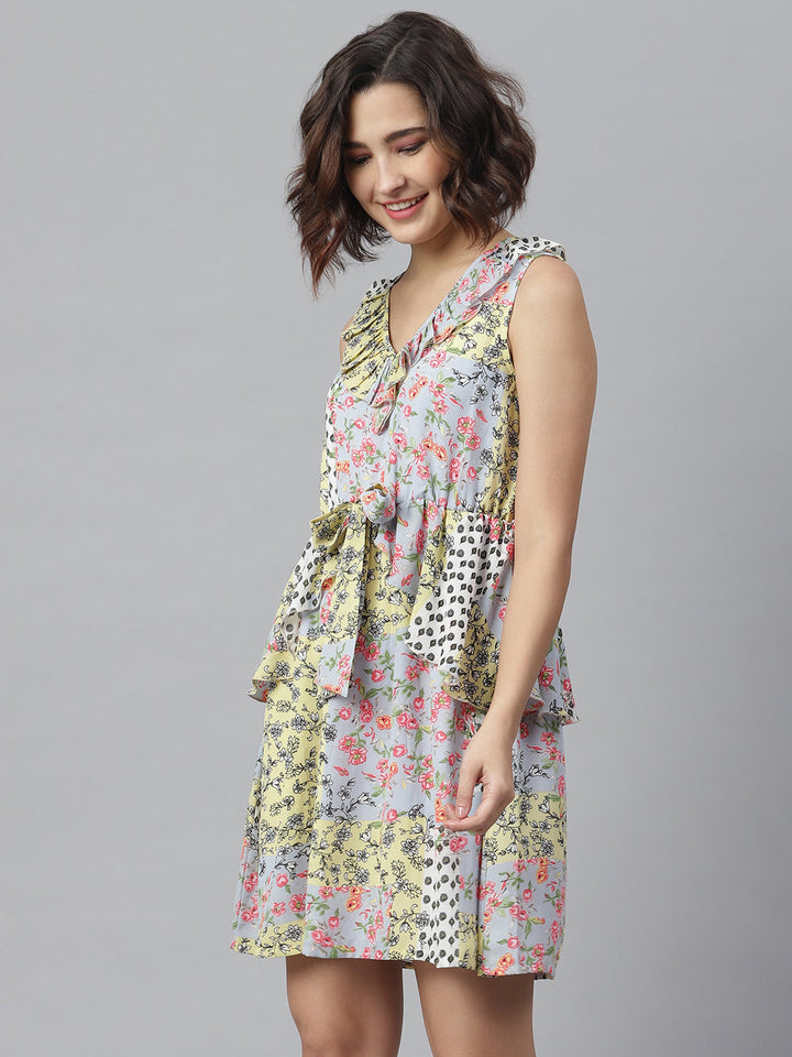 Multi-Color-Polyester-Tile-Print-Dress-With-Peplum-Detail