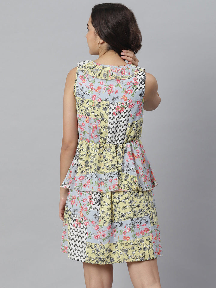 Multi-Color-Polyester-Tile-Print-Dress-With-Peplum-Detail
