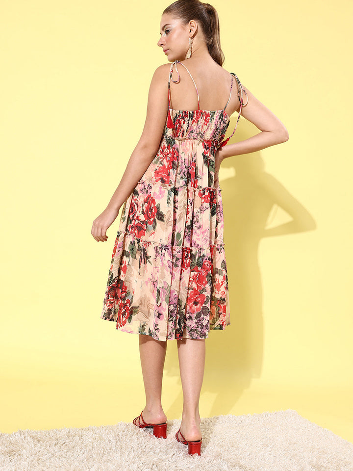 Multicolor-Chiffon-Floral-Tier-Midi-Dress-with-String-Tie-Ups