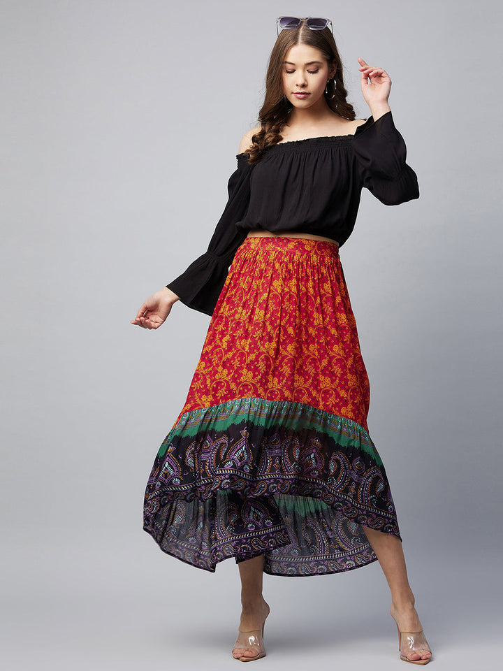 Multicolor-Cotton-Off-Shoulder-Laced-High-Low-Skirt-Set