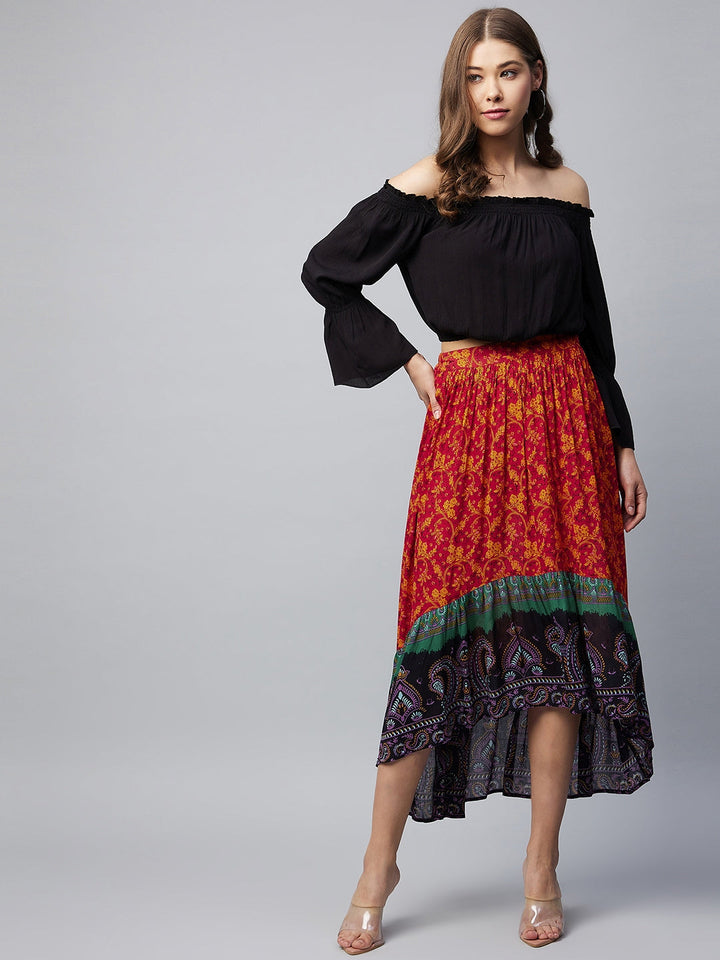 Multicolor-Cotton-Off-Shoulder-Laced-High-Low-Skirt-Set