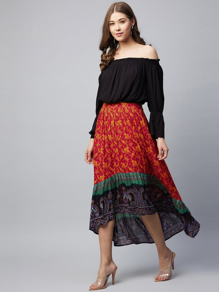 Multicolor-Cotton-Off-Shoulder-Laced-High-Low-Skirt-Set
