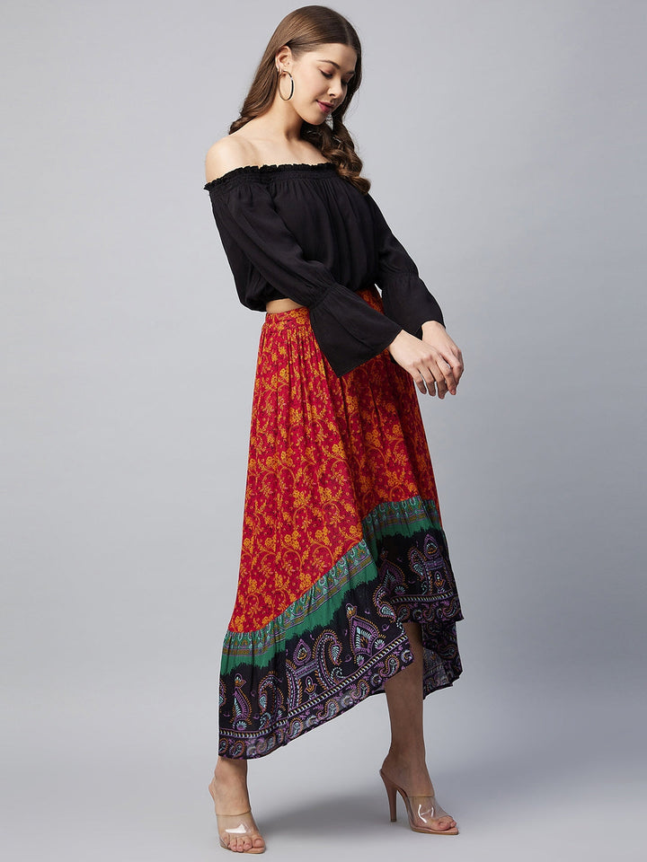 Multicolor-Cotton-Off-Shoulder-Laced-High-Low-Skirt-Set