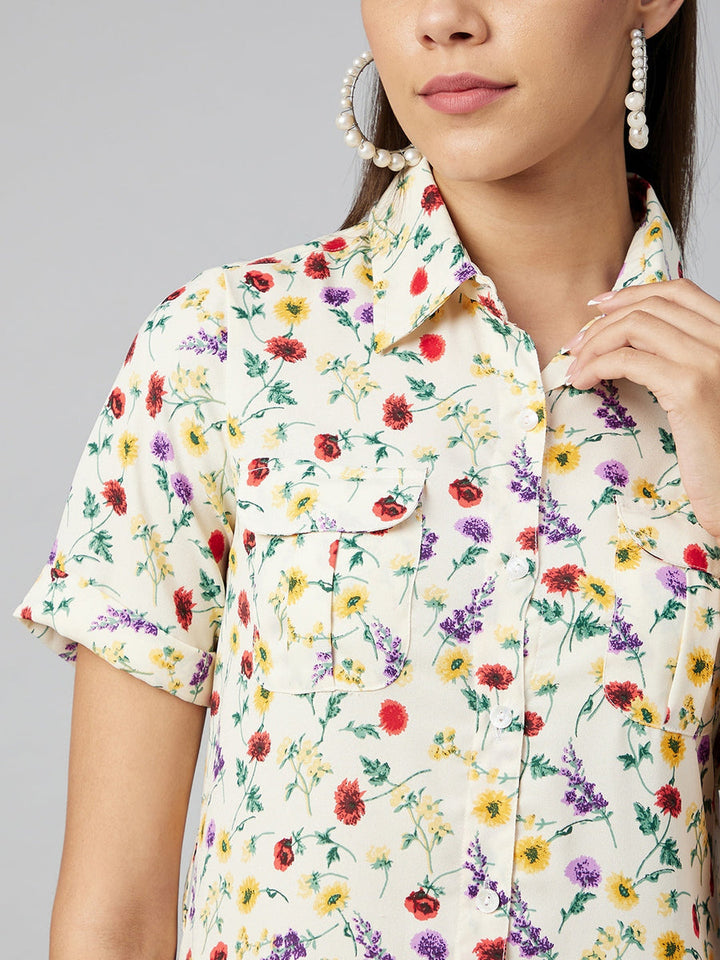 Multicolor-Polyester-Floral-Shirt-Dress