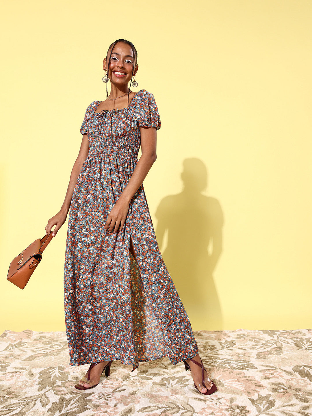 Multicolor-Polyester-Moss-Floral-Maxi-Dress-with-Puffed-Sleeve