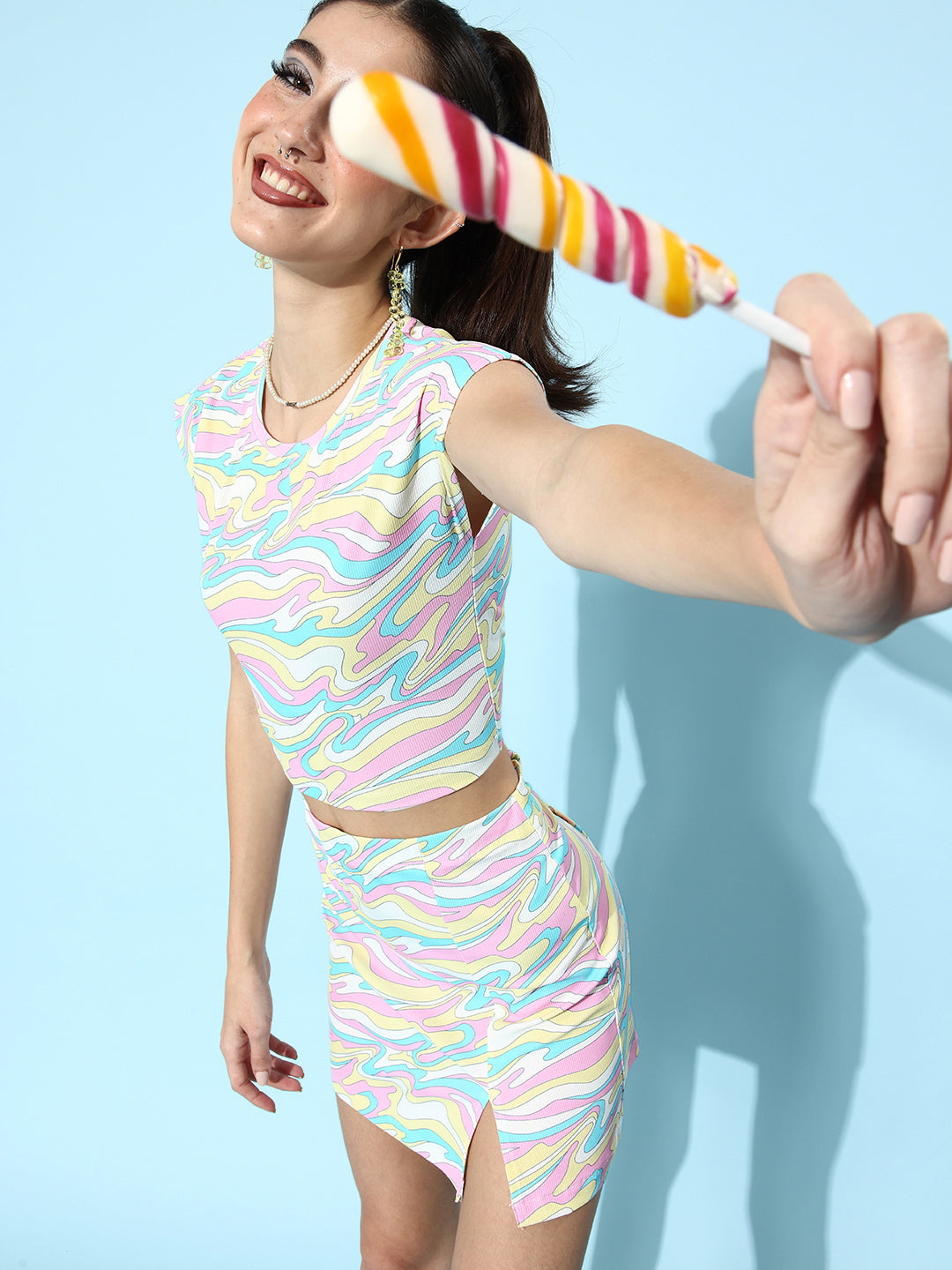 Multicolor-Polyester-Tie-&-Dye-Lycra-Top-And-Skirt-Set